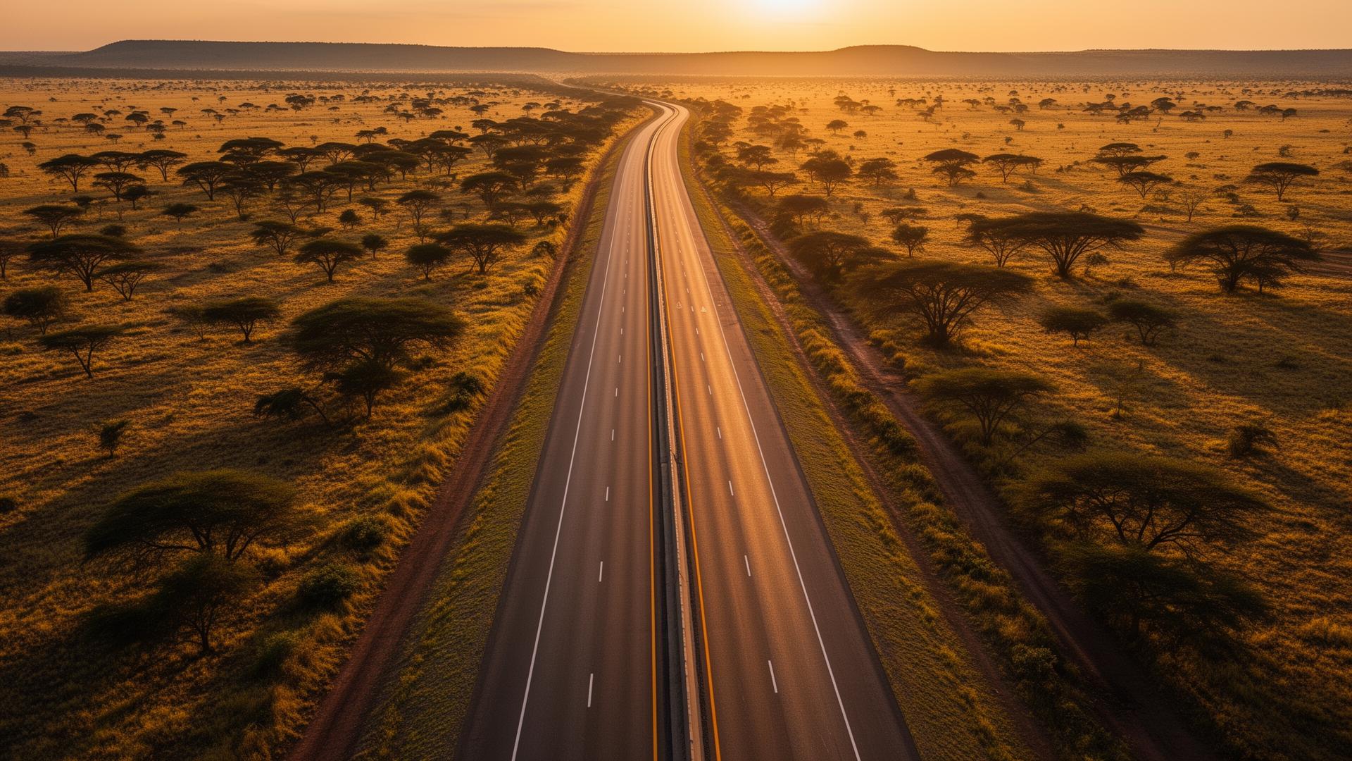 Highway through the African landscape at golden hour